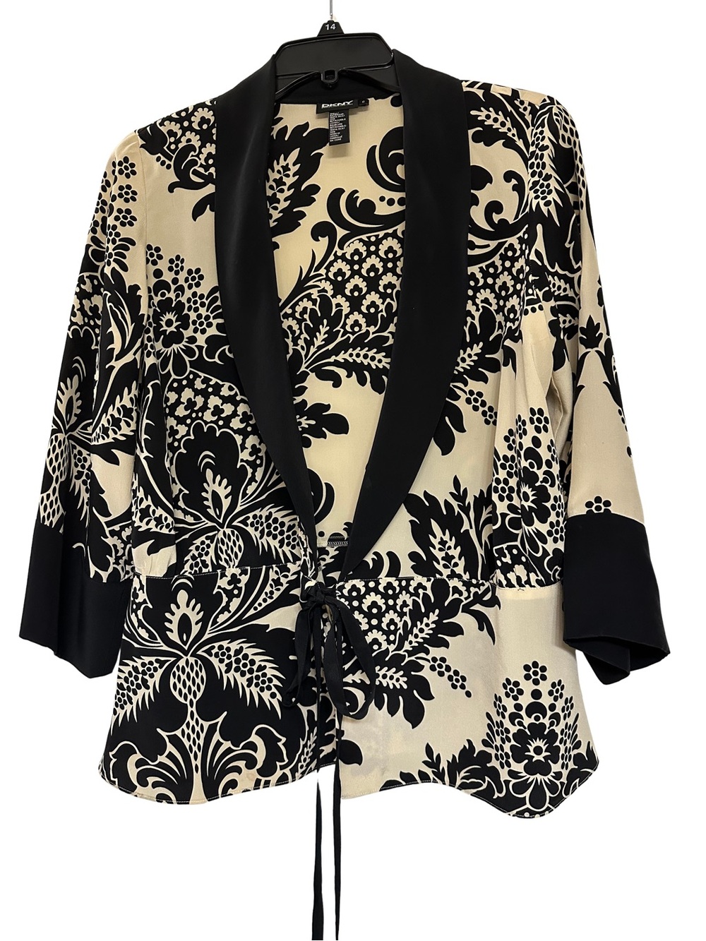 DKNY Donna Karan 100% Silk Jacket Size 8 Black Cream Damask Print Tie Waist